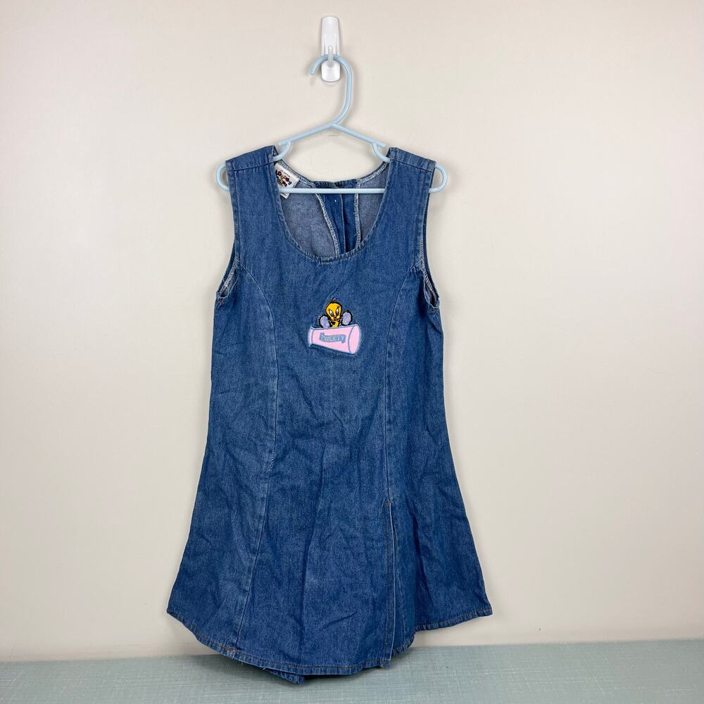 Vintage 90s Looney Tunes Tweety Bird Cheer Denim Jumper Dress 6 USA